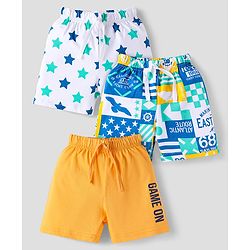 Babyhug Cotton Knit Mid Thigh Length Shorts with Stars & Text Print Pack of 3 - Blue Yellow & White