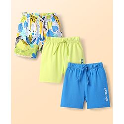 Babyhug Cotton Knit Mid Thigh Length Shorts with Jungle Theme Print Pack of 3 - Blue White & Neon Green
