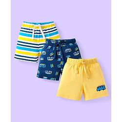 Babyhug Cotton Knit Mid Thigh Length Shorts with Stripes & Vehicle Print Pack of 3 - Blue & Yellow