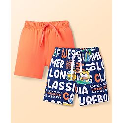 Babyhug Cotton Knit Mid Thigh Shorts with Text Print Pack of 2 - Orange & Navy Blue