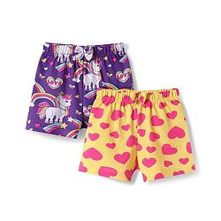 Babyhug Single Jersey Knit Mid Thigh Length Shorts with Unicorn & Hearts Print Pack of 2 - Yellow & Purple