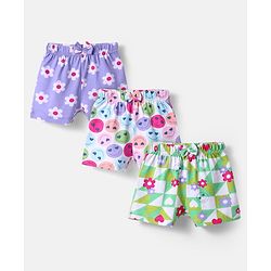 Babyhug Cotton Knit Mid Thigh Length Shorts with Floral & Smiley Print & Bow Applique Pack of 3 - White Green & Lavender