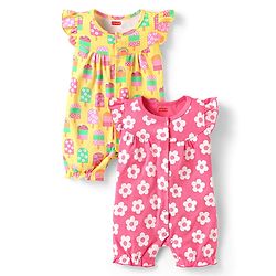 Babyhug Interlock Knit Frill Sleeves Romper With Floral & Tropical Print Pack of 2 - Pink & Yellow