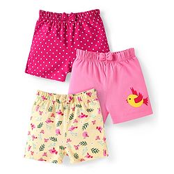 Babyhug Single Jersey Knit Mid Thigh Shorts with Polka Dots & Bird Print with Bow Applique Pack of 3 - Pink Beige & Dark Pink
