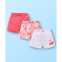 Babyhug Cotton Knit Mid Thigh Shorts with Floral & Polka Dot Print & Bow Applique Pack of 3 - Pink & Grey