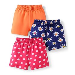 Babyhug Cotton Knit Mid Thigh Polka Dots & Floral Printed Shorts with Bow Applique Pack of 3 - Navy Blue Pink & Orange