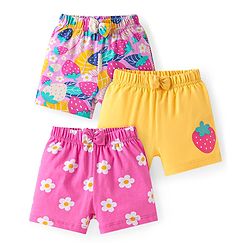 Babyhug Cotton Knit Mid Thigh Strawberry & Floral Printed Shorts with Bow Applique Pack of 3 - Pink & Yellow