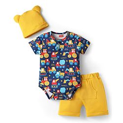Babyhug 100% Cotton Knit Half Sleeves Vehicle Printed Onesie With Shorts & Cap - Navy Blue & Yellow