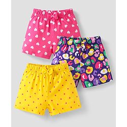 Babyhug Single Jersey Knit Mid Thigh Bow Applique Shorts with Polka Dots & Hearts Print Pack of 3 - Pink Yellow & Purple