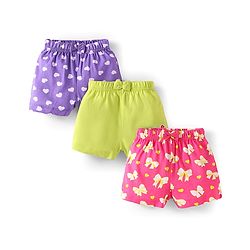 Babyhug Single Jersey Knit Mid Thigh Bow Applique Shorts with Heats & Bow Print Pack of 3 - Purple Neon Green & Dark Pink