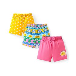 Babyhug Cotton Single Jersey Knit Mid Thigh Polka Dots & Tropical Theme Printed Shorts with Bow Applique Pack of 3 - Pink Yellow & Blue