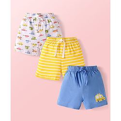 Babyhug Single Jersey Knit Mid Thigh Shorts with Stripes & Car Print Pack of 3 - Blue Yellow & White