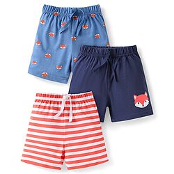 Babyhug Cotton Knit Mid Thigh Shorts with Fox Print & Stripes Pack of 3 - Red Light & Navy Blue