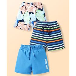 Babyhug Single Jersey Knit Shorts with Stripes & Tropical Print Pack of 3 - Black & Blue