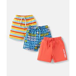 Babyhug Cotton Single Jersey Knit Mid Thigh Shorts with Text Print & Stripes Pack of 3 - Orange Yellow & Blue