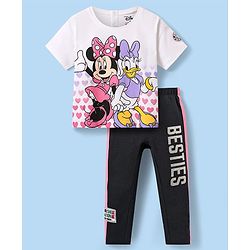 Babyhug Disney Single Jersey Knit Half Sleeves T-Shirt And Lounge Pants Set With Minnie Mouse And Family Graphics - White & Black