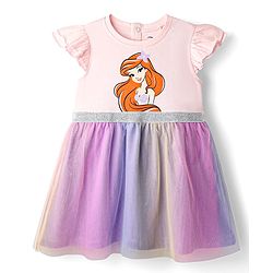 Babyhug Disney Single Jersey Knit Frill Sleeves Frock with Disney Princess Graphics - Pink