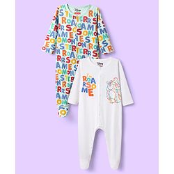 Babyhug Disney Interlock Knit Full Sleeves Footed Sleepsuit With Monster Inc. Graphics Pack Of 2 - White & Light Green