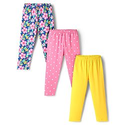 Babyhug Cotton Knit Full Length Leggings With Polka Dots & Floral Print Pack Of 3 - Yellow Pink & Blue