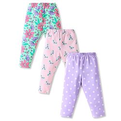 Babyhug Cotton Lycra Full Length Skinny Fit Leggings with Stretch Floral & Polka Dot Print Pack of 3 - Purple Pink & Green