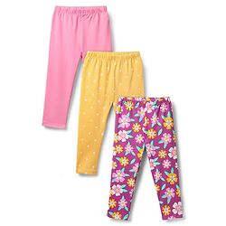 Babyhug Cotton Knit Full Length Leggings With Floral & Polka Dot Print Pack Of 3 - Yellow Pink & Plum