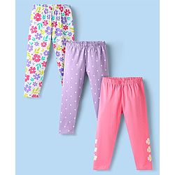 Babyhug Cotton Knit Full Length Leggings With Floral & Polka Dots Print Pack Of 3 - Purple Pink & White