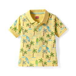 Babyhug Cotton Knit Half Sleeves Polo T-Shirt With Beach Theme Print - Yellow