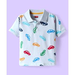 Babyhug Cotton Knit Half Sleeves Polo T-Shirt with Car Print - White