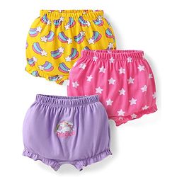 Babyhug 100% Cotton Knit Bloomers with Stars & Unicorn Print Pack of 3 - Yellow Pink & Lilac