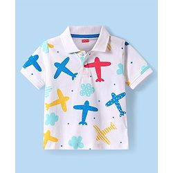 Babyhug Cotton Knit Half Sleeves Polo T-Shirt with Airplane Print - White