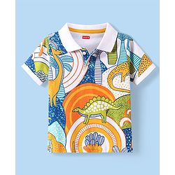 Babyhug Cotton Knit Half Sleeves Polo T-Shirt with Dino Print - White