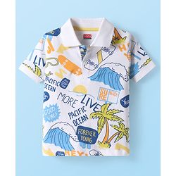 Babyhug Cotton Knit Half Sleeves Polo T-Shirt With Beach Theme Print - White