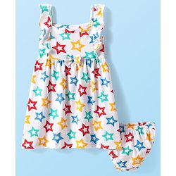 Babyhug Single Jersey Knit Sleeveless Frock With Star Print & Bloomer - White