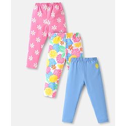 Babyhug Cotton Lycra Full Length Skinny Fit Leggings with Stretch Floral & Leafy Print Pack of 3 - Pink Blue & White