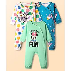 Babyhug Disney Interlock Knit Full Length Romper With Minnie Mouse Graphics Pack Of 3 - White Light Green & Blue