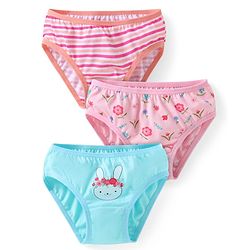 Babyhug 100% Cotton Knit Bunny & Floral Printed Panties Pack of 3 - Pink & Light Blue