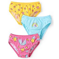 Babyhug 100% Cotton Single Jersey Knit Panties With Star & Rainbow Print Pack of 3 - Pink Light Blue & Yellow