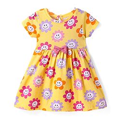 Babyhug Single Jersey Knit Half Sleeves Frock with Floral Print & Bow Applique - Yellow