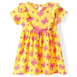 Babyhug Single Jersey Knit Half Sleeves Frock With Bow Print & Applique - Yellow