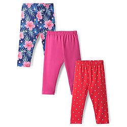 Babyhug Cotton Lycra Knit Full Length Leggings With Polka Dots & Floral Print Pack Of 3 - Red Dark Pink & Navy Blue