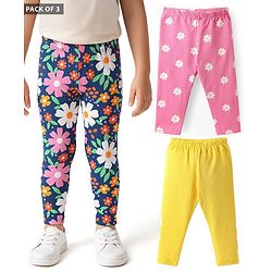 Babyhug Cotton Knit Full Length Leggings With Floral Print Pack Of 3 - Pink Navy Blue & Yellow