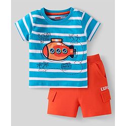 Babyhug Single Jersey Knit Half Sleeves T-Shirt & Shorts Set with Nautical Theme Print & Stripes - Light Blue & Orange