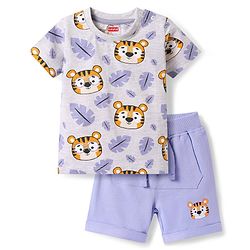 Babyhug Single Jersey Knit Half Sleeves Tiger Printed T-Shirt & Shorts Set - Lavender