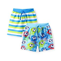 Babyhug Cotton Knit Mid Thigh Length Shorts with Sports Theme Print & Stripes Pack of 2 - Light Green & Blue