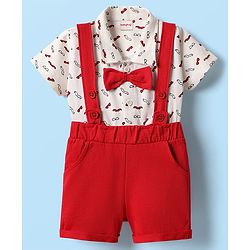 Babyhug Single Jersey Knit Half Sleeves Printed Shirt & Shorts Set With Bow Applique - White & Red