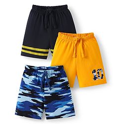 Babyhug Cotton Knit Mid Thigh Length Shorts with Camouflage Print & Stripes Pack of 3 - Yellow Black & Blue