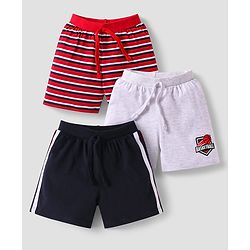 Babyhug Single Jersey Knit Shorts with Stripes & Tape Detailing Pack Of 3 - Grey & Red