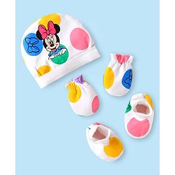 Babyhug Disney Interlock Knit Cap Mittens & Booties Set with Minnie Mouse Graphics White - Diameter 10 cm