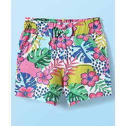 Babyhug Cotton Jersey Knit Shorts with Tropical Theme Print - White