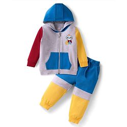 Babyhug Terry Knit Full Sleeves Cut & Sew Hooded T-Shirt & Lounge Pant Set with Animal Print - Blue Yellow & Grey